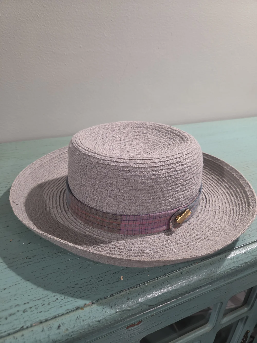August Hats Gray Hemp Blend Plaid Band Boater Hat